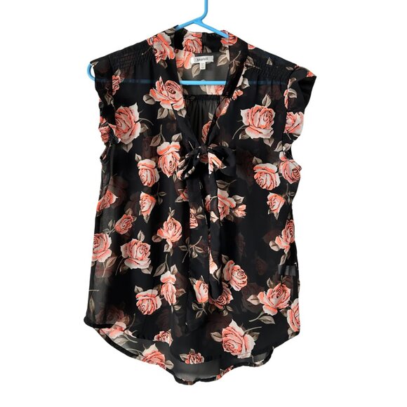 Marisol Tops - Marisol Black & Orange Floral Sheer Blouse with Versatile Neck Tie – Size M
